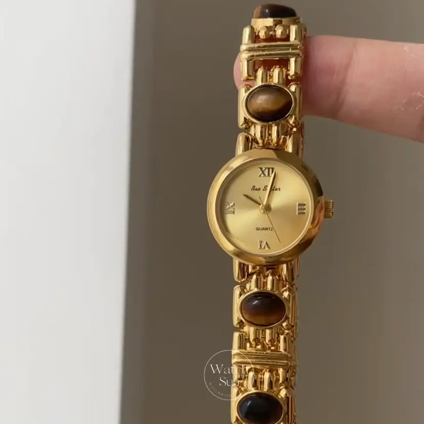 Women‘s Gold Watch Natural Tiger’s Eye Stone Bracelet Minimalist Watch