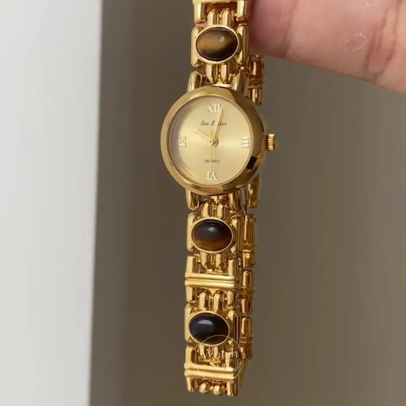 Women‘s Gold Watch Natural Tiger’s Eye Stone Bracelet Minimalist Watch
