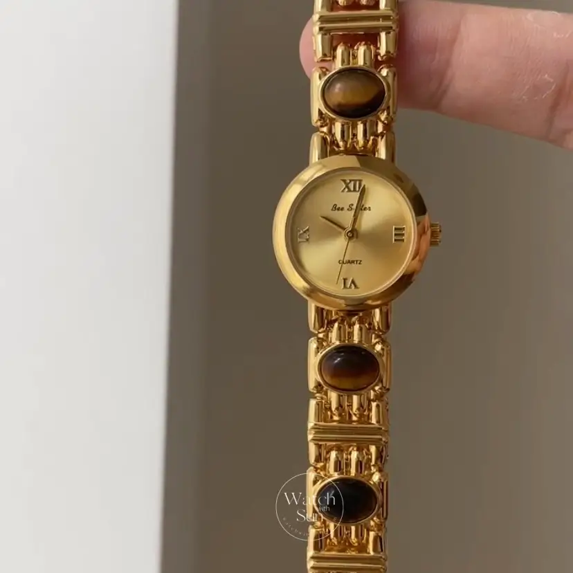 Women‘s Gold Watch Natural Tiger’s Eye Stone Bracelet Minimalist Watch