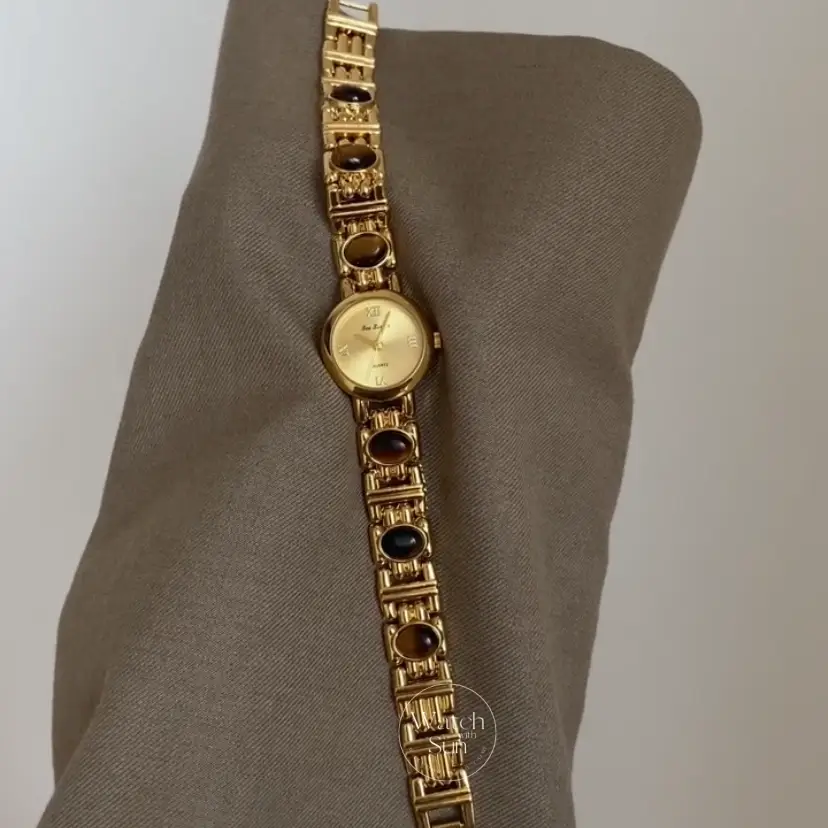Women‘s Gold Watch Natural Tiger’s Eye Stone Bracelet Minimalist Watch