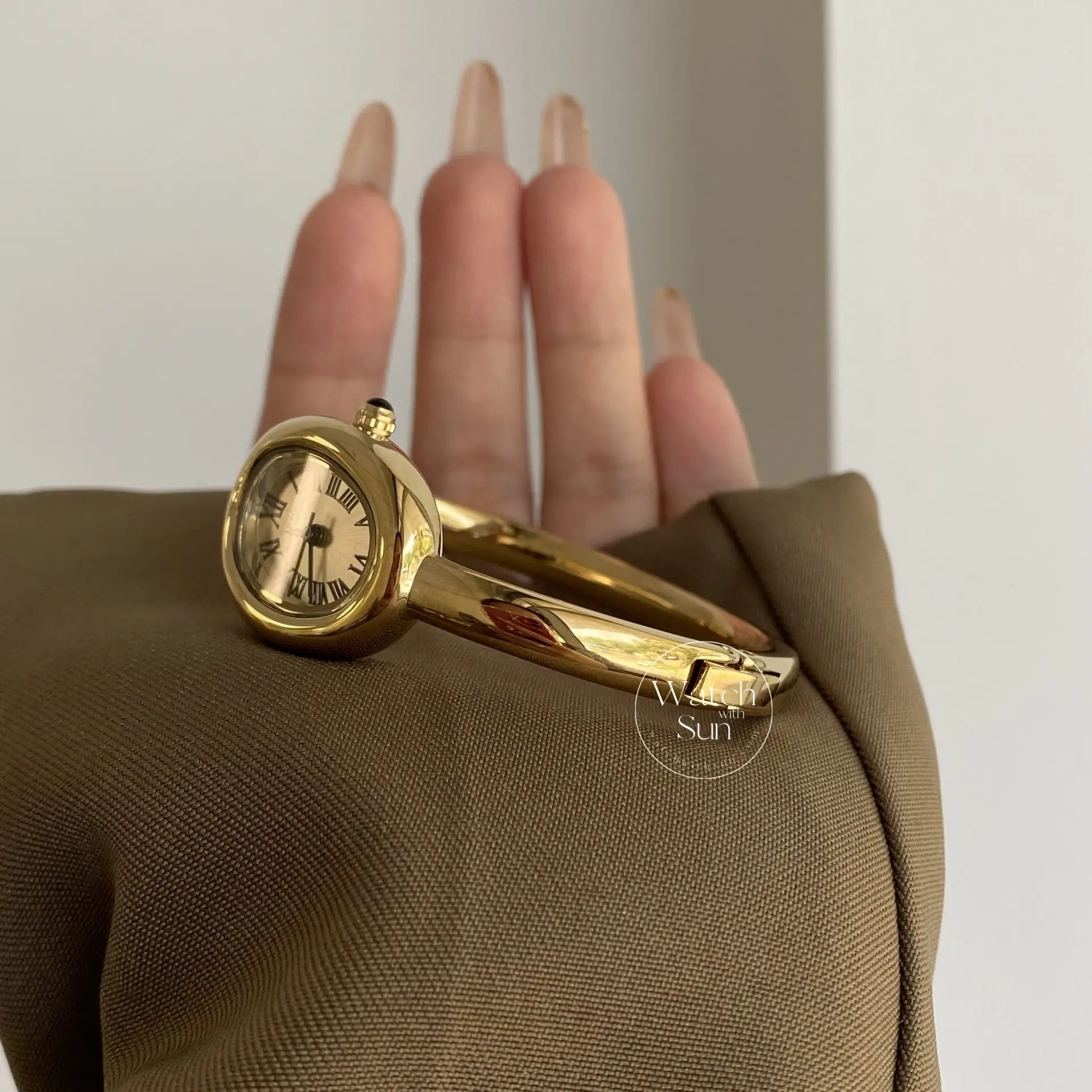 Vintage Gold Oval Watch for Women Roman Numeral Dial Bangle Watch