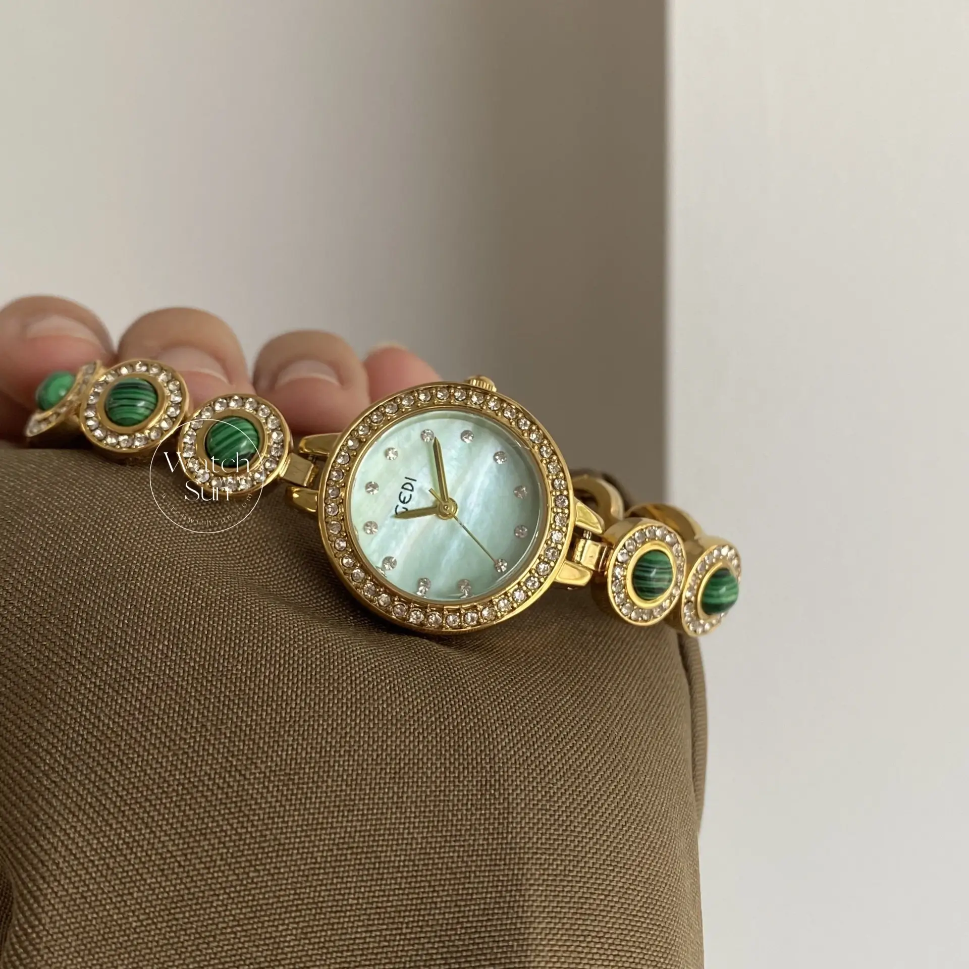 Green Mother of Pearl Dial Gold Watch Natural Turquoise Bracelet Watches