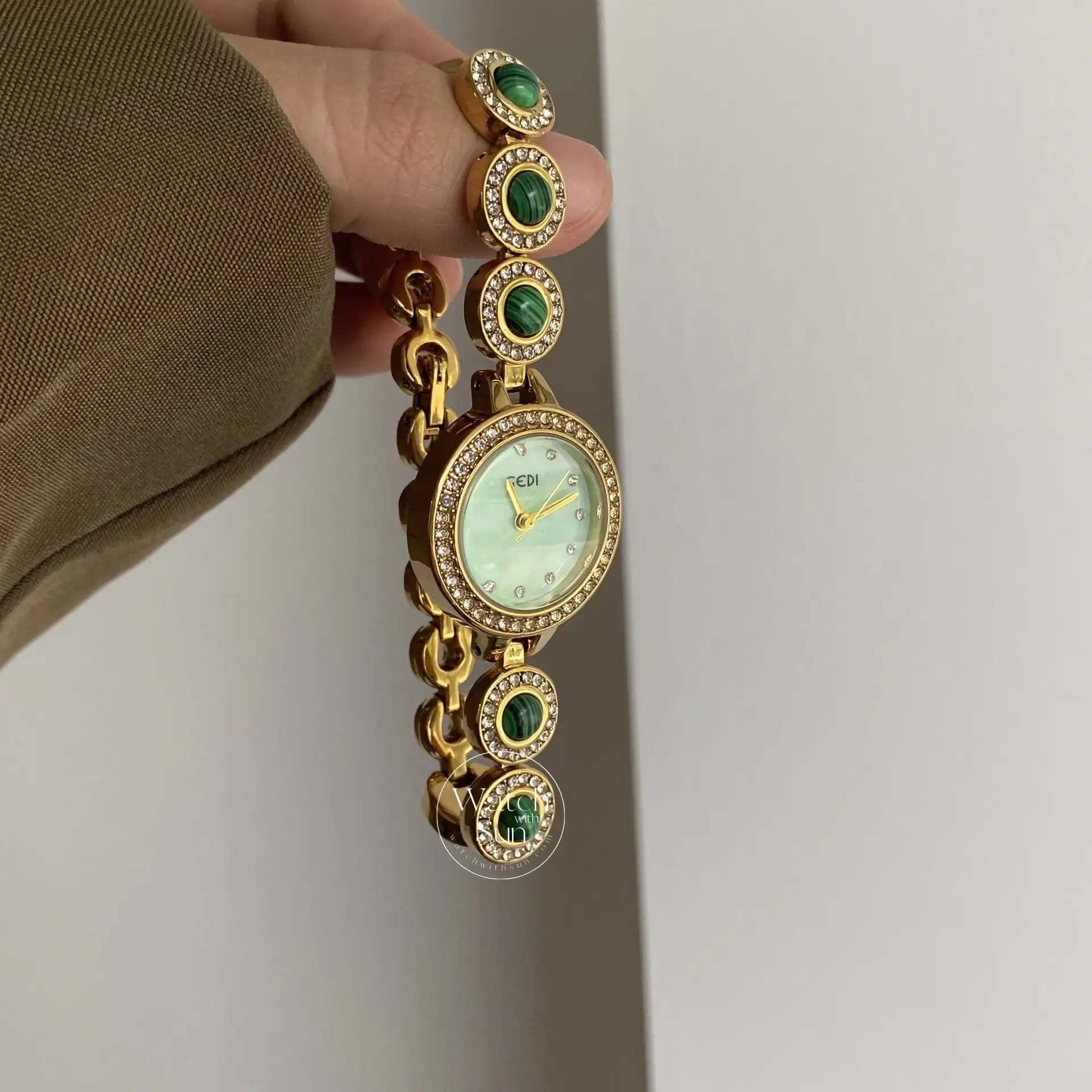 Green Mother of Pearl Dial Gold Watch Natural Turquoise Bracelet Watches