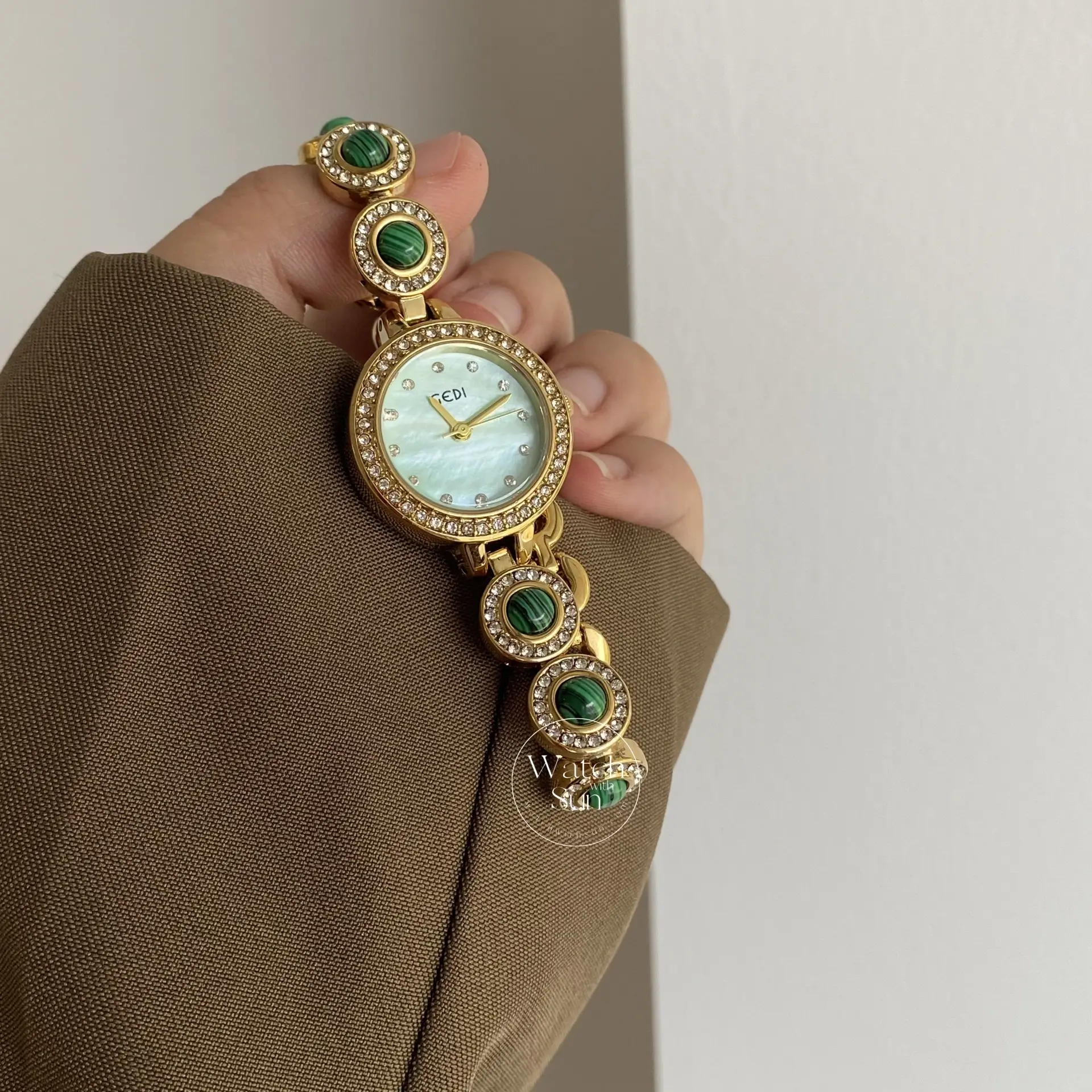 Green Mother of Pearl Dial Gold Watch Natural Turquoise Bracelet Watches