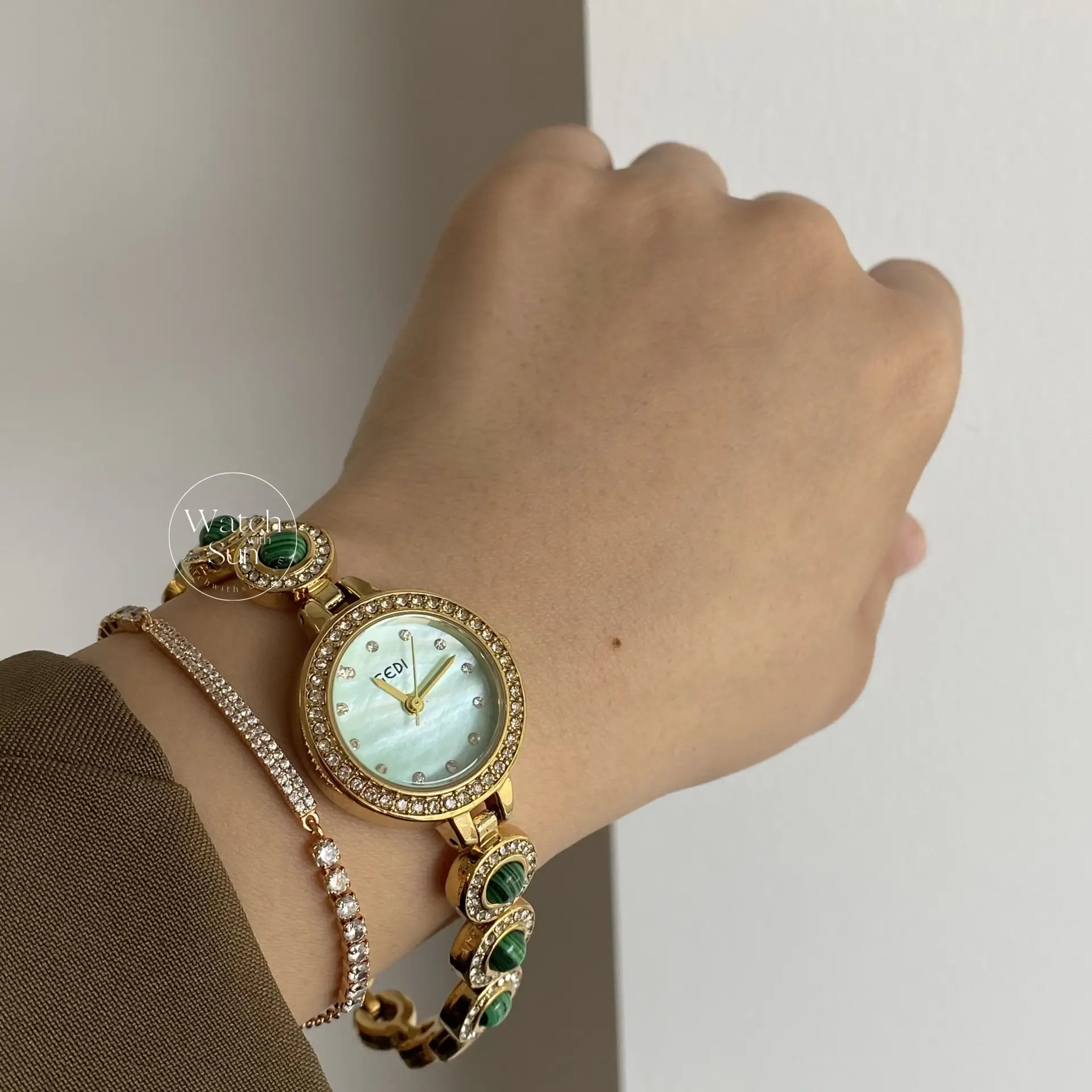Green Mother of Pearl Dial Gold Watch Natural Turquoise Bracelet Watches
