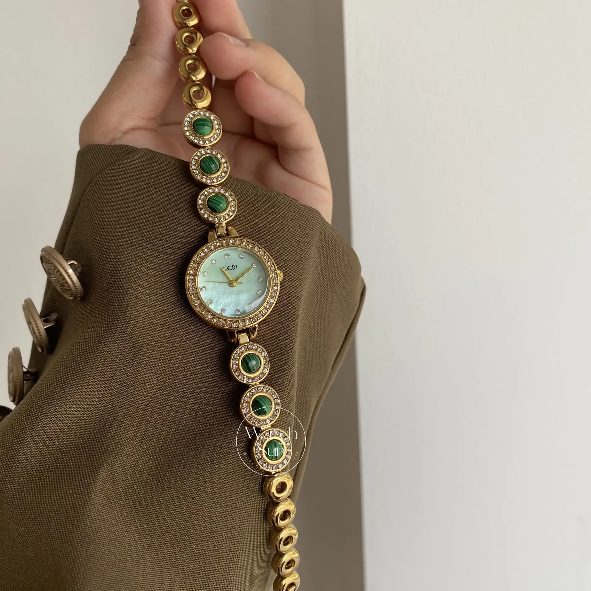 Green Mother of Pearl Dial Gold Watch Natural Turquoise Bracelet Watches