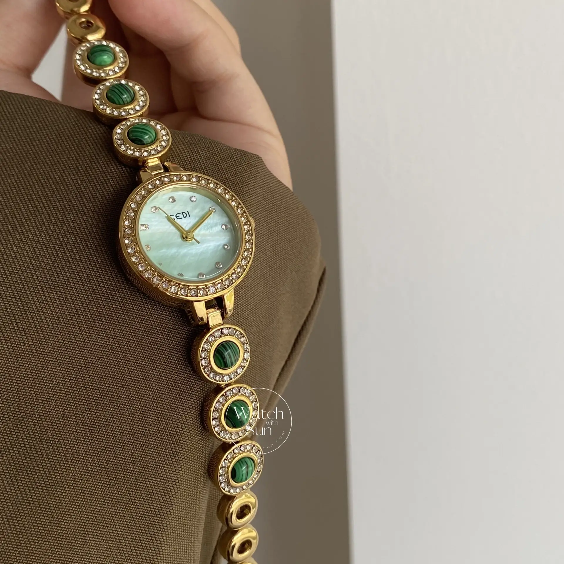 Green Mother of Pearl Dial Gold Watch Natural Turquoise Bracelet Watches