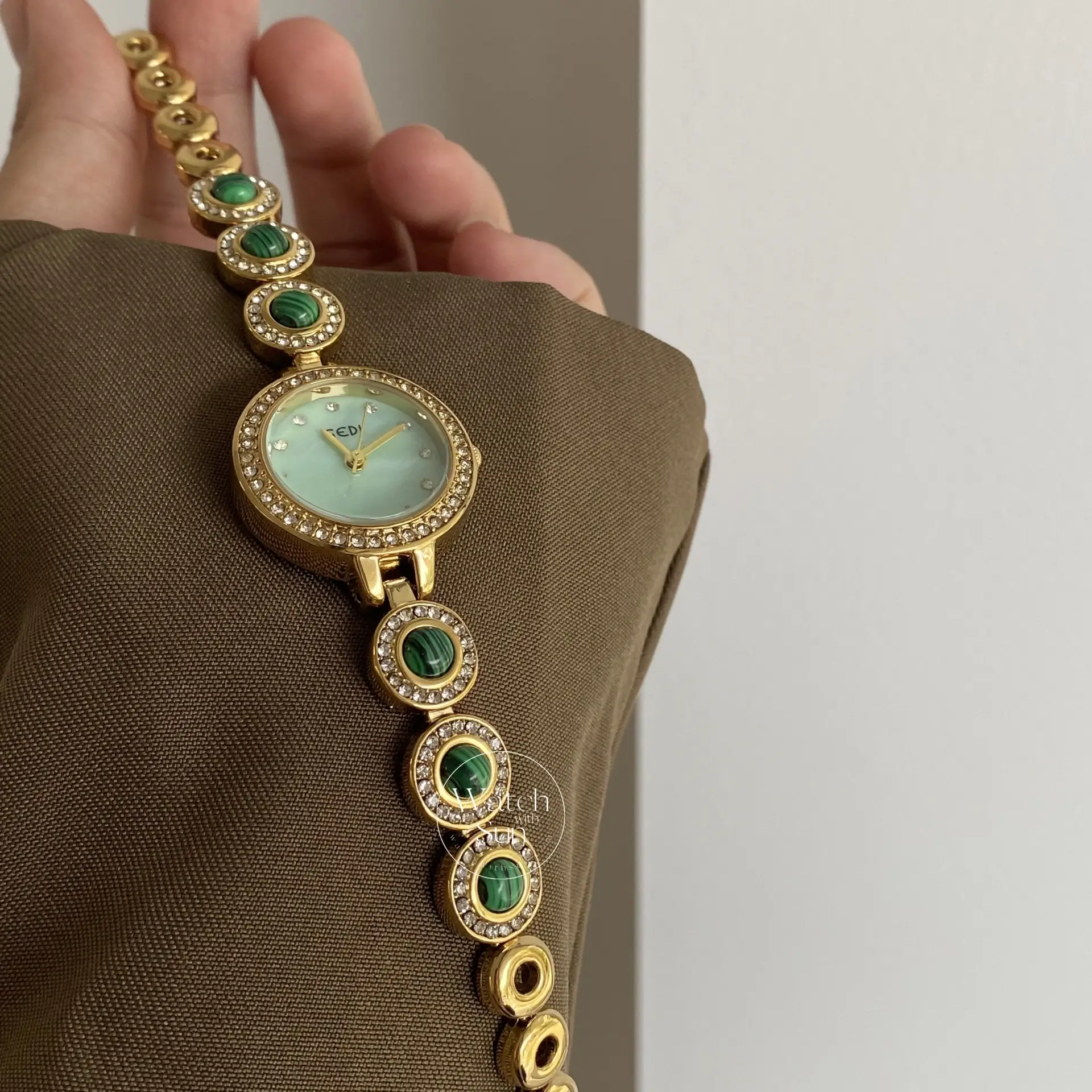 Green Mother of Pearl Dial Gold Watch Natural Turquoise Bracelet Watches