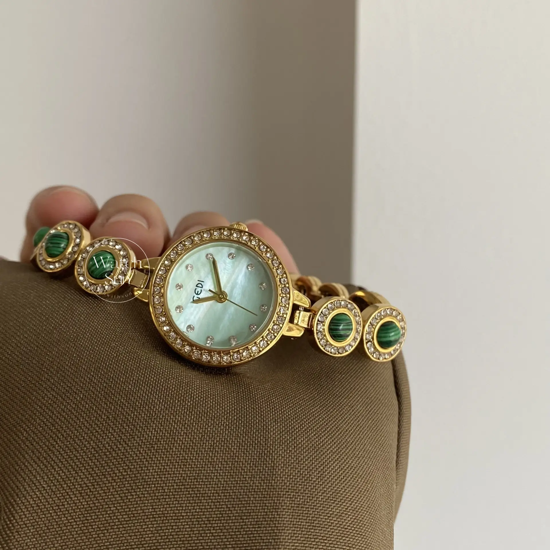 Green Mother of Pearl Dial Gold Watch Natural Turquoise Bracelet Watches