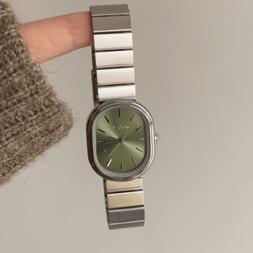 Ladies Dainty Style Green Oval Face Silver Bracelet Watch