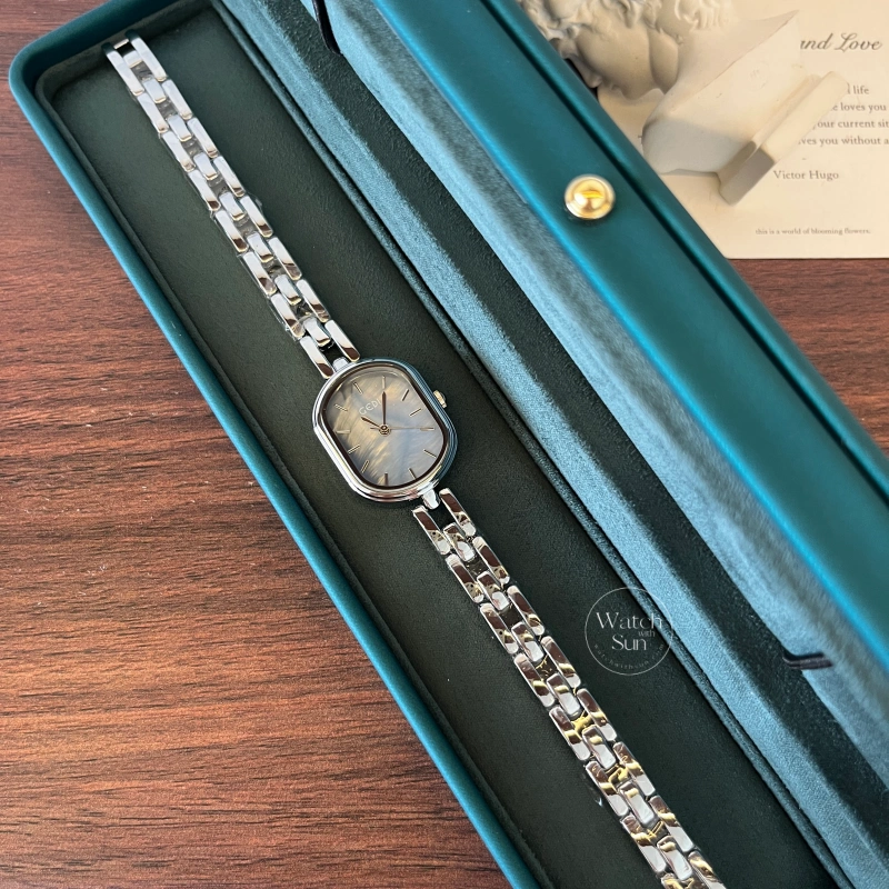 Oval Blue Mother of Pearl Watch Silver Ladies Watch