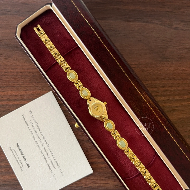 Small Gold Watch Green Jade Bracelet Gemstone Ladies Watch
