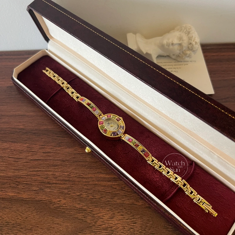 N596-5 Vintage Women's Gold Watch Colorful Zircon Bracelet Watch