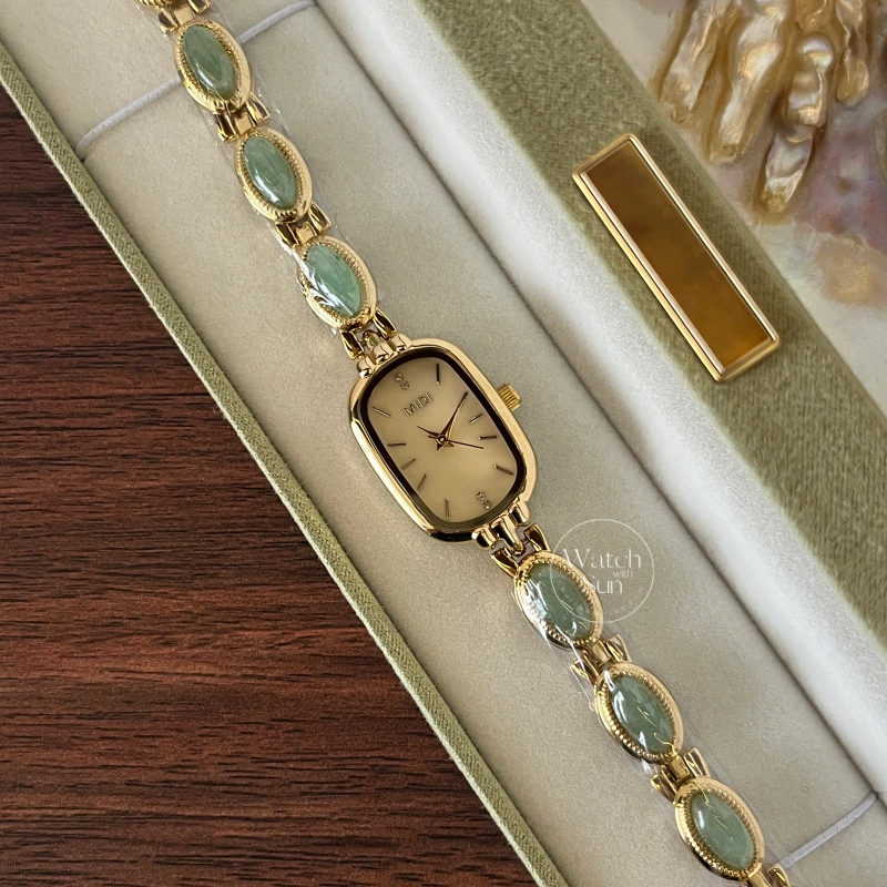 Beige Mother of Pearl Dial Watch Green Jade Bracelet Gemstone Watch for Women