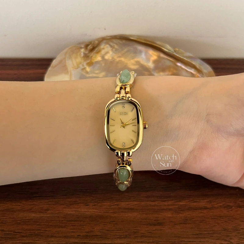 Beige Mother of Pearl Dial Watch Green Jade Bracelet Gemstone Watch for Women