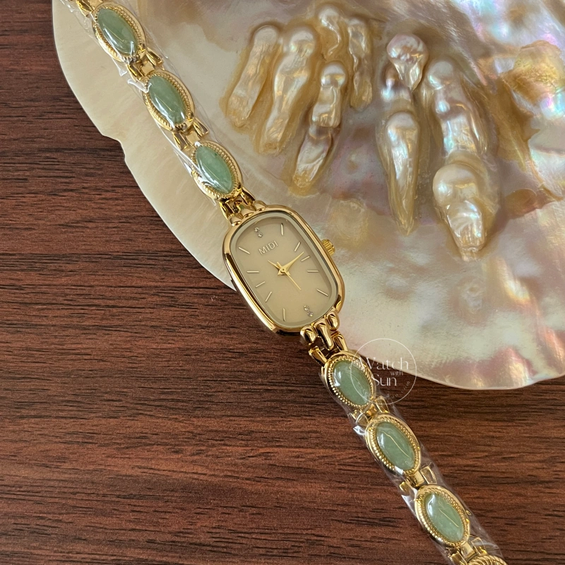 Beige Mother of Pearl Dial Watch Green Jade Bracelet Gemstone Watch for Women