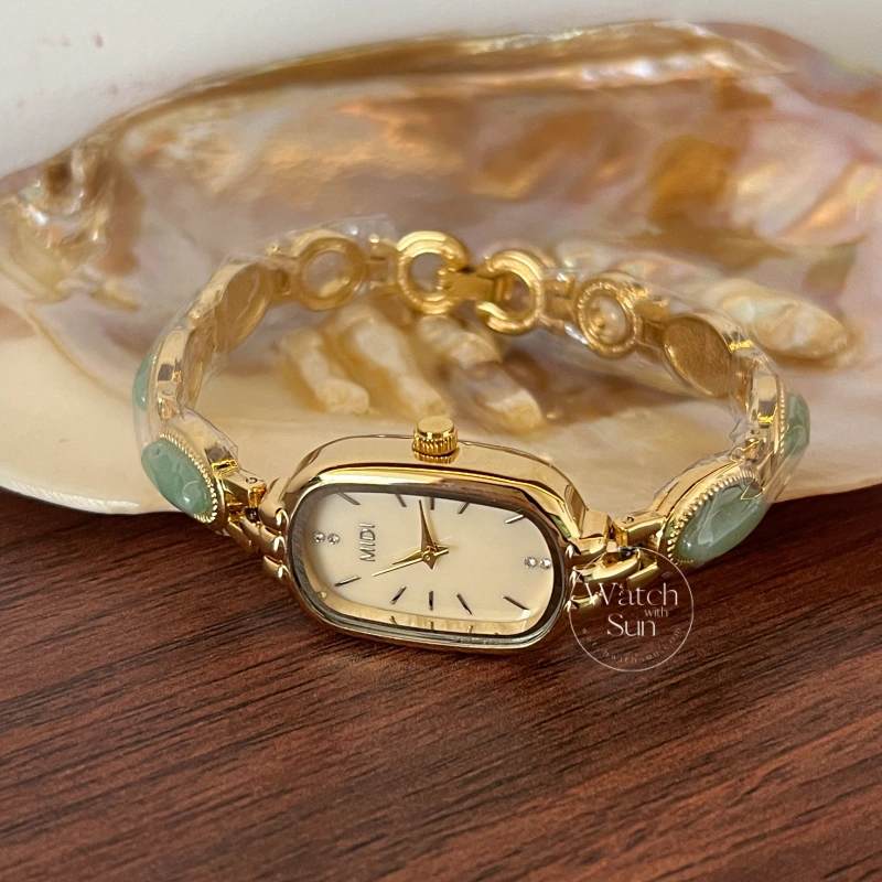 Beige Mother of Pearl Dial Watch Green Jade Bracelet Gemstone Watch for Women