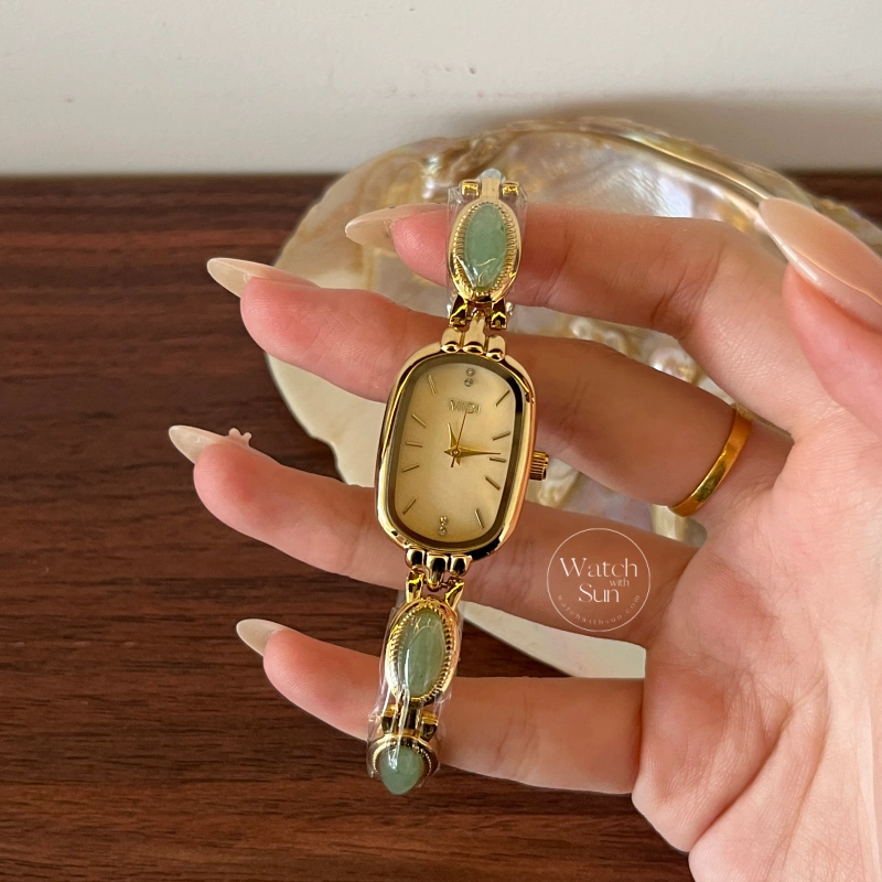 Beige Mother of Pearl Dial Watch Green Jade Bracelet Gemstone Watch for Women