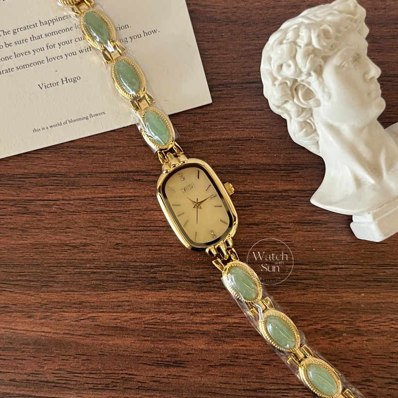 Beige Mother of Pearl Dial Watch Green Jade Bracelet Gemstone Watch for Women