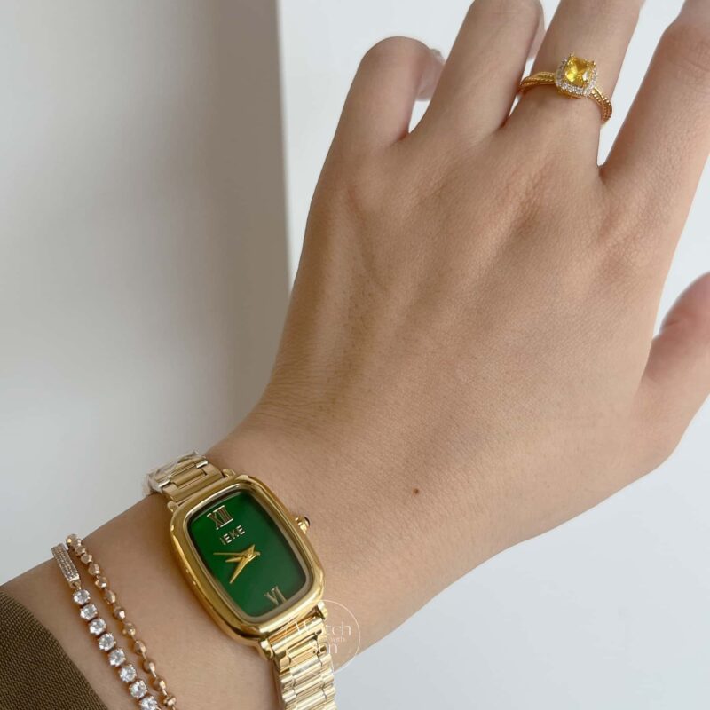 Green Dial Gold Watch for Women Minimalist Rectangle Watch