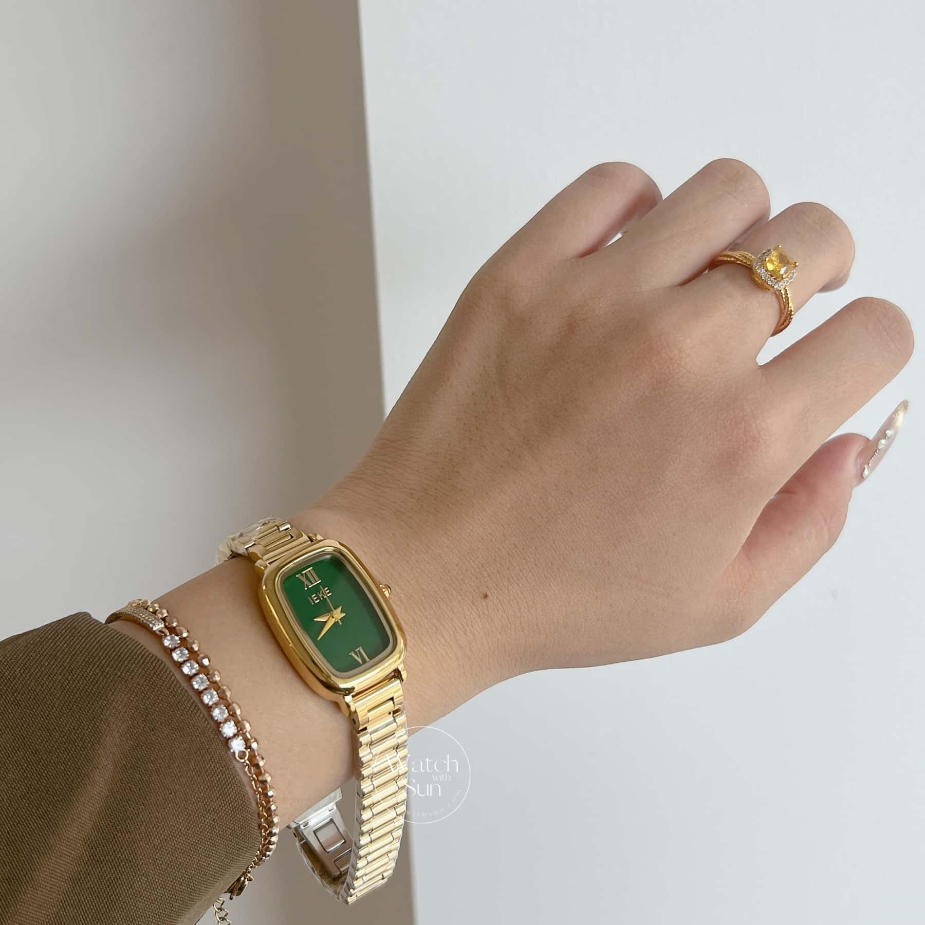 Green Dial Gold Watch for Women Minimalist Rectangle Watch