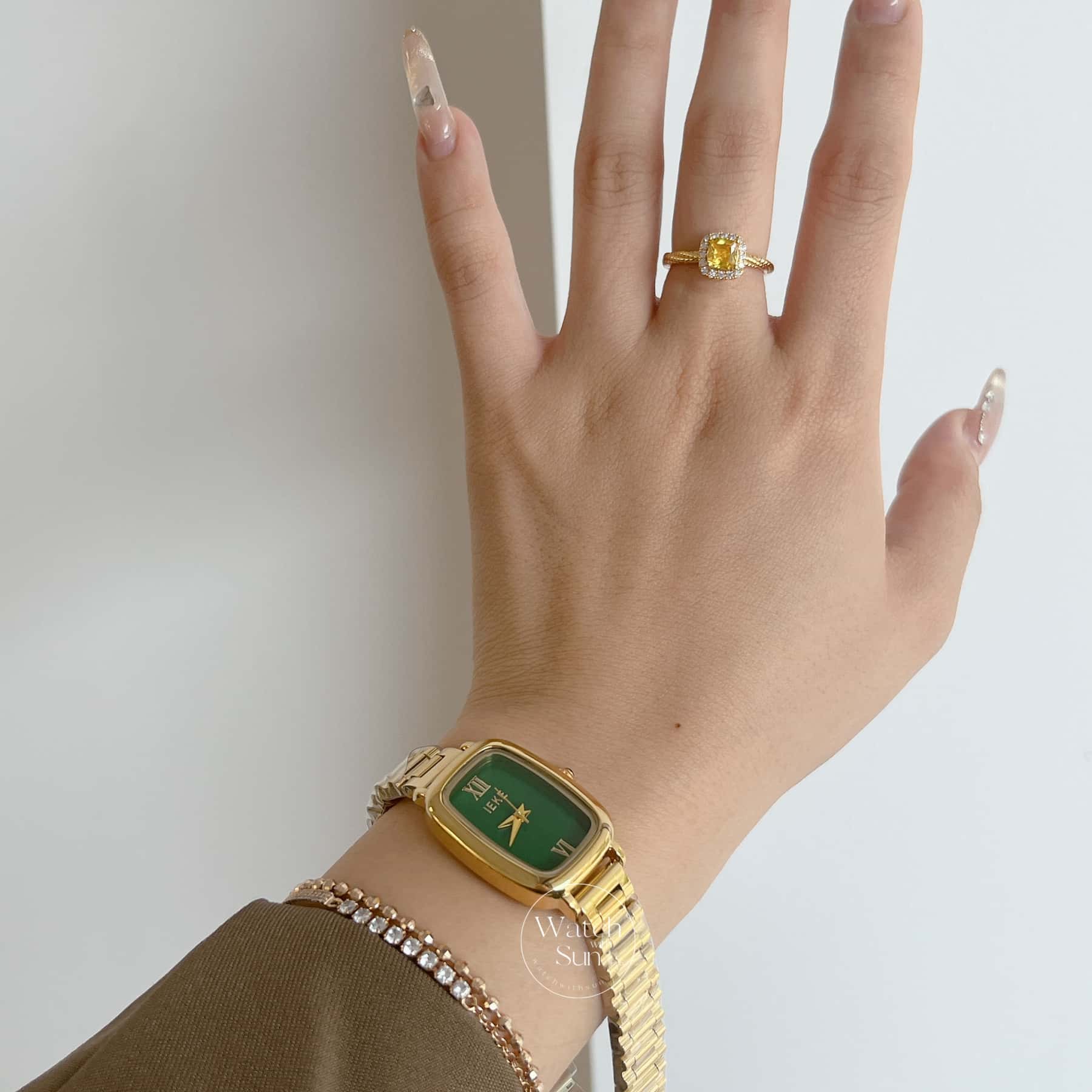 Green Dial Gold Watch for Women Minimalist Rectangle Watch