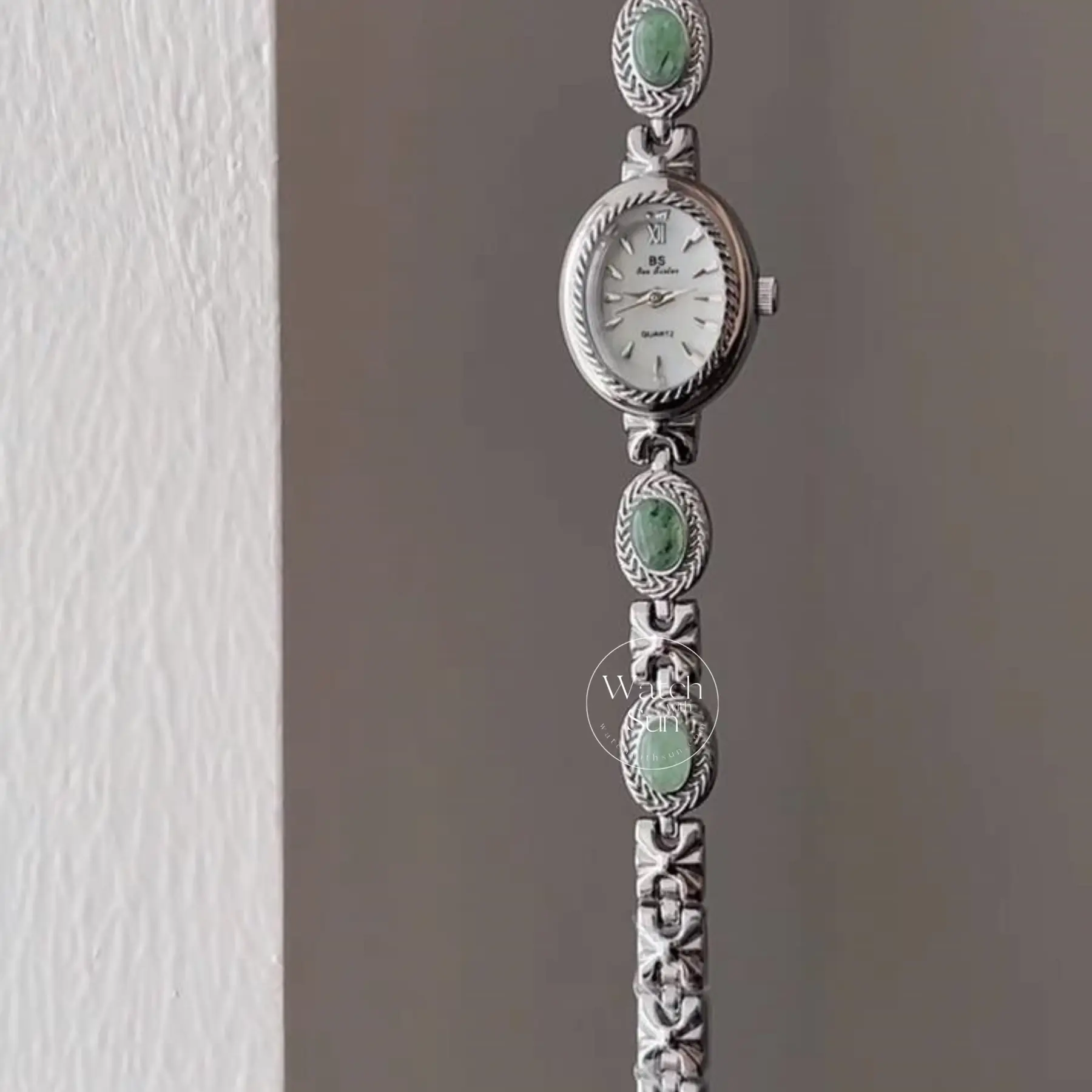 Oval Mother of Pearl Dial Green Jade Silver Bracelet Watch for Women