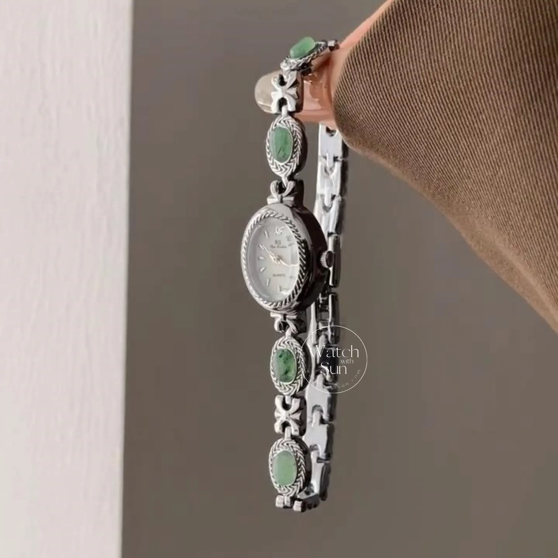 Oval Mother of Pearl Dial Green Jade Silver Bracelet Watch for Women