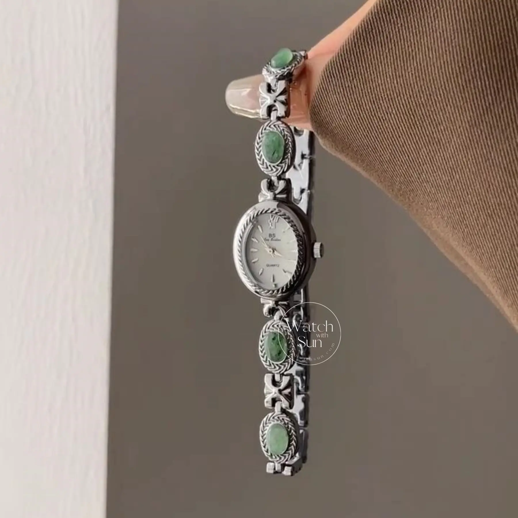 Oval Mother of Pearl Dial Green Jade Silver Bracelet Watch for Women