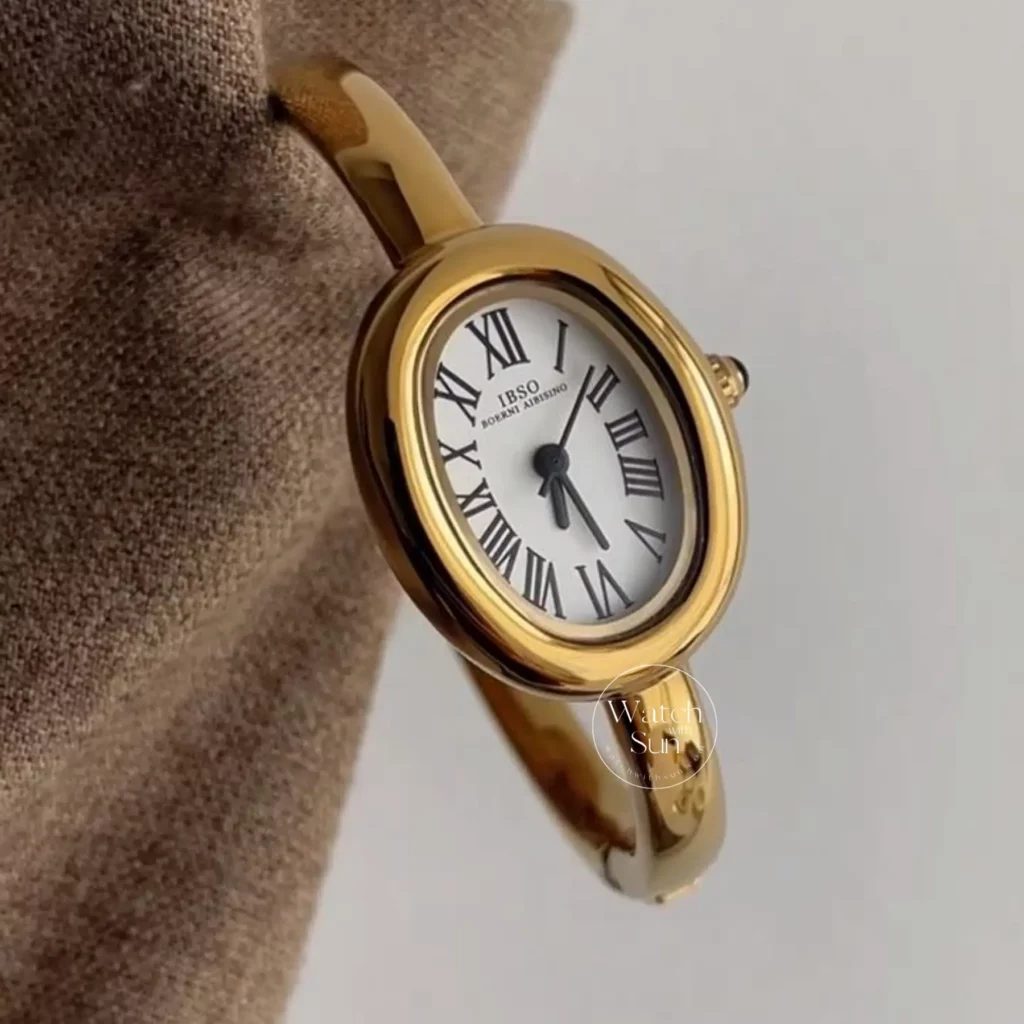 WatchwithSun Vintage Gold Oval Watch Roman Numeral Dial Bangle Watch for Women