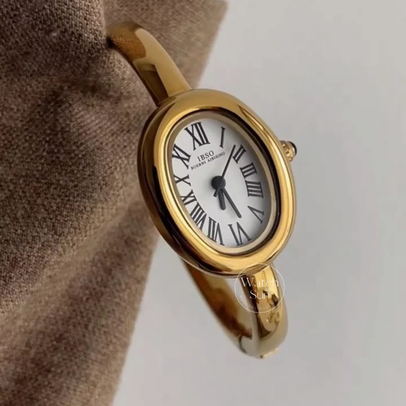 Vintage Gold Oval Watch Roman Numeral Dial Bangle Watch for Women