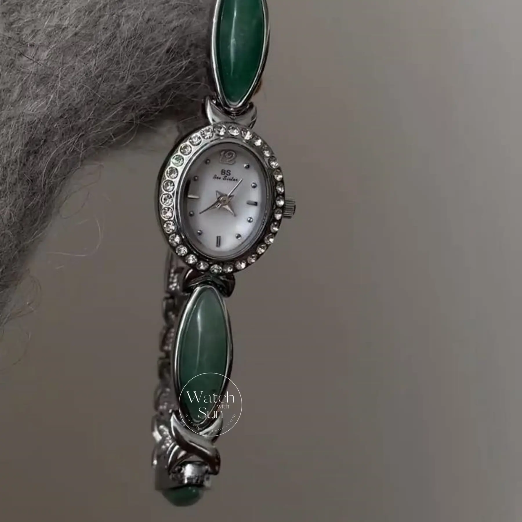 Oval Mother of Pearl Dial Green Jade Silver Bracelet Ladies' Watch