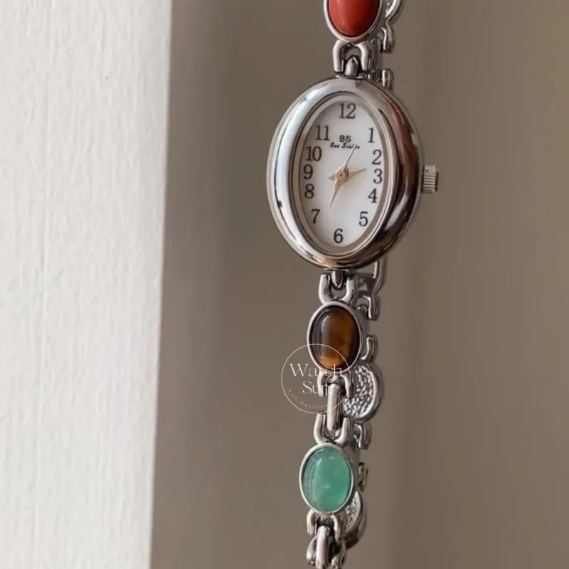 Vintage Style Colorful Nature Stone Bracelet Watch for Women
