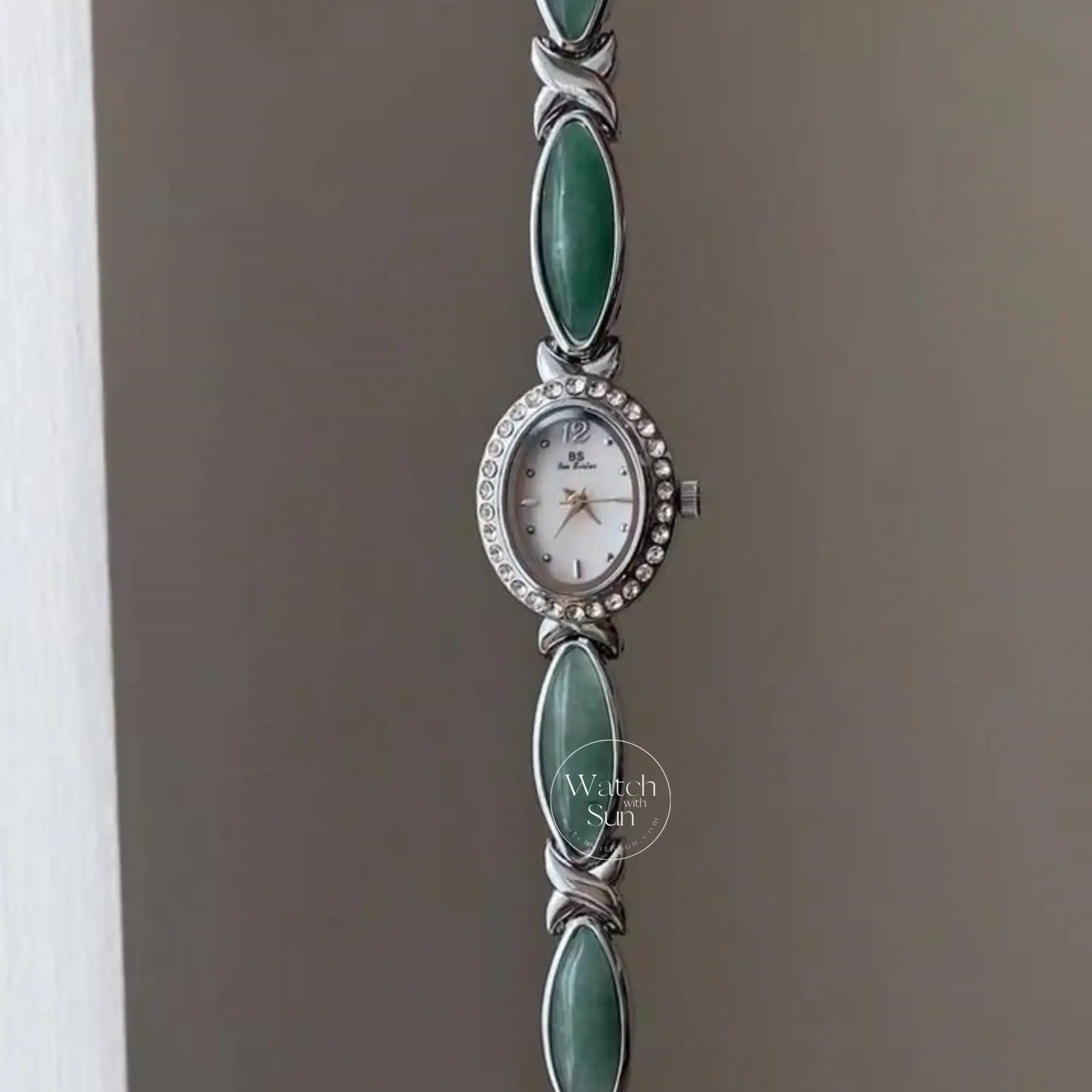 Oval Mother of Pearl Dial Green Jade Silver Bracelet Ladies' Watch