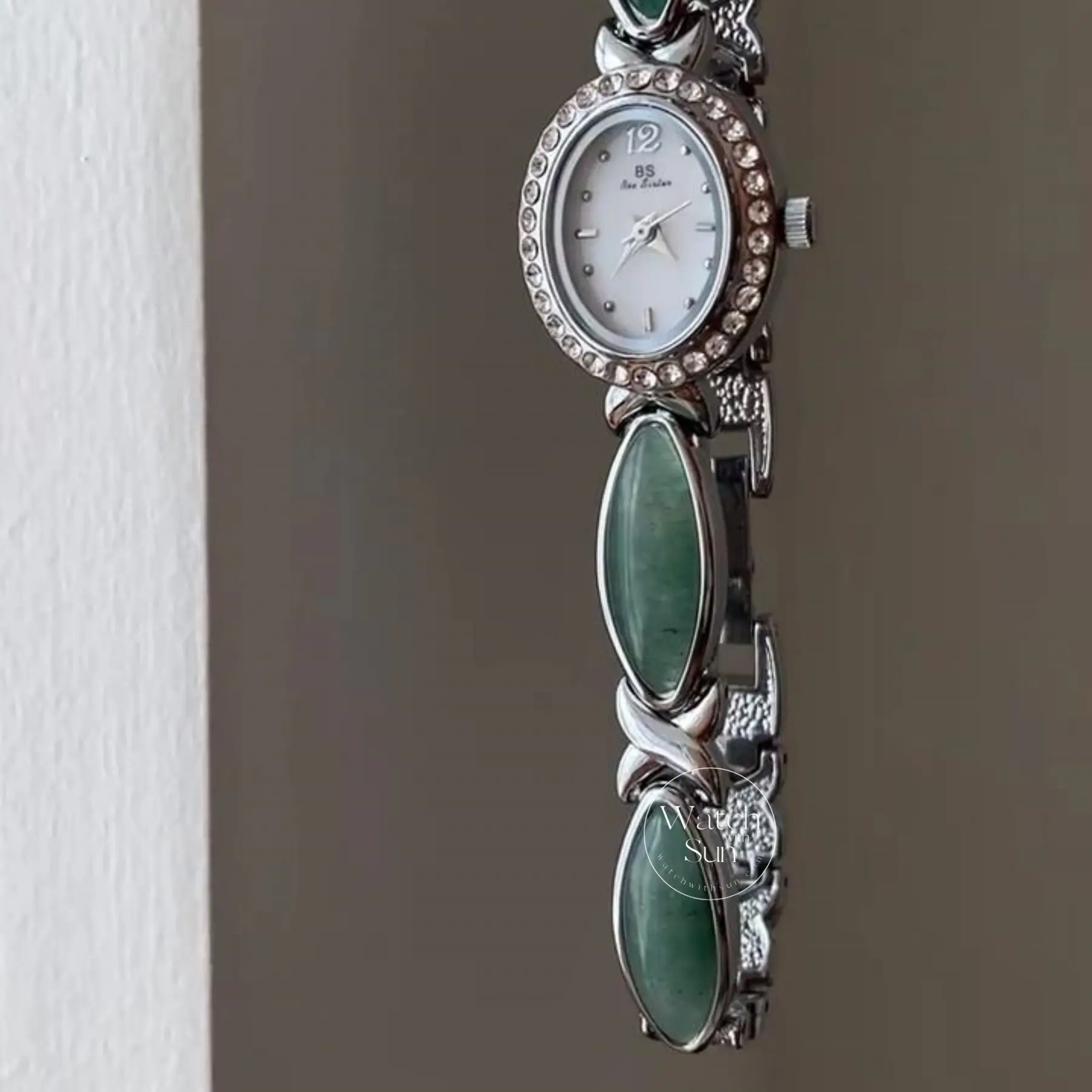 Oval Mother of Pearl Dial Green Jade Silver Bracelet Ladies' Watch