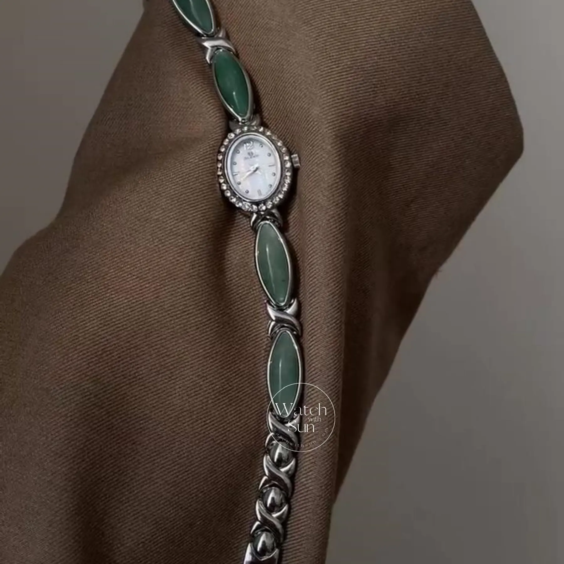 Oval Mother of Pearl Dial Green Jade Silver Bracelet Ladies' Watch