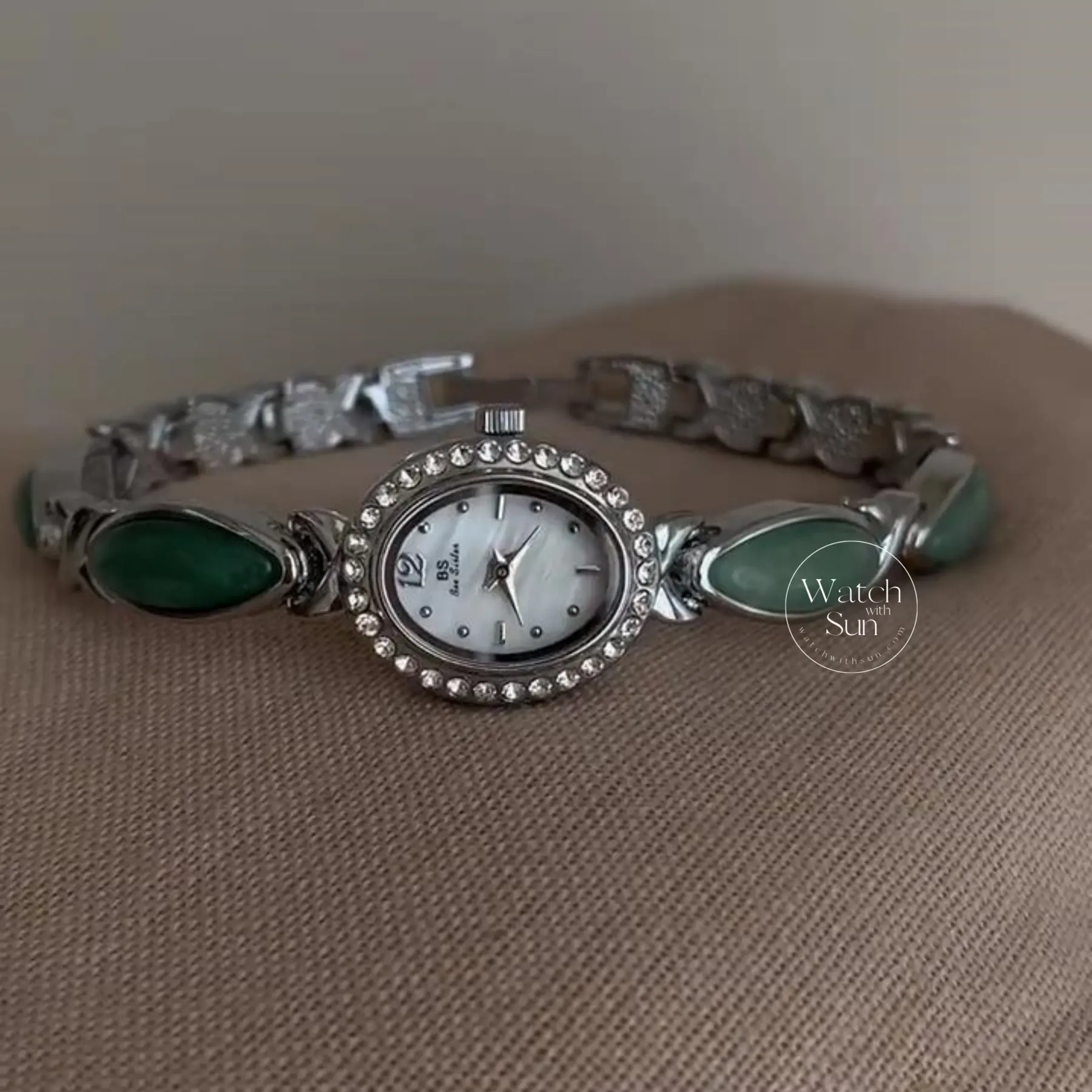 Oval Mother of Pearl Dial Green Jade Silver Bracelet Ladies' Watch