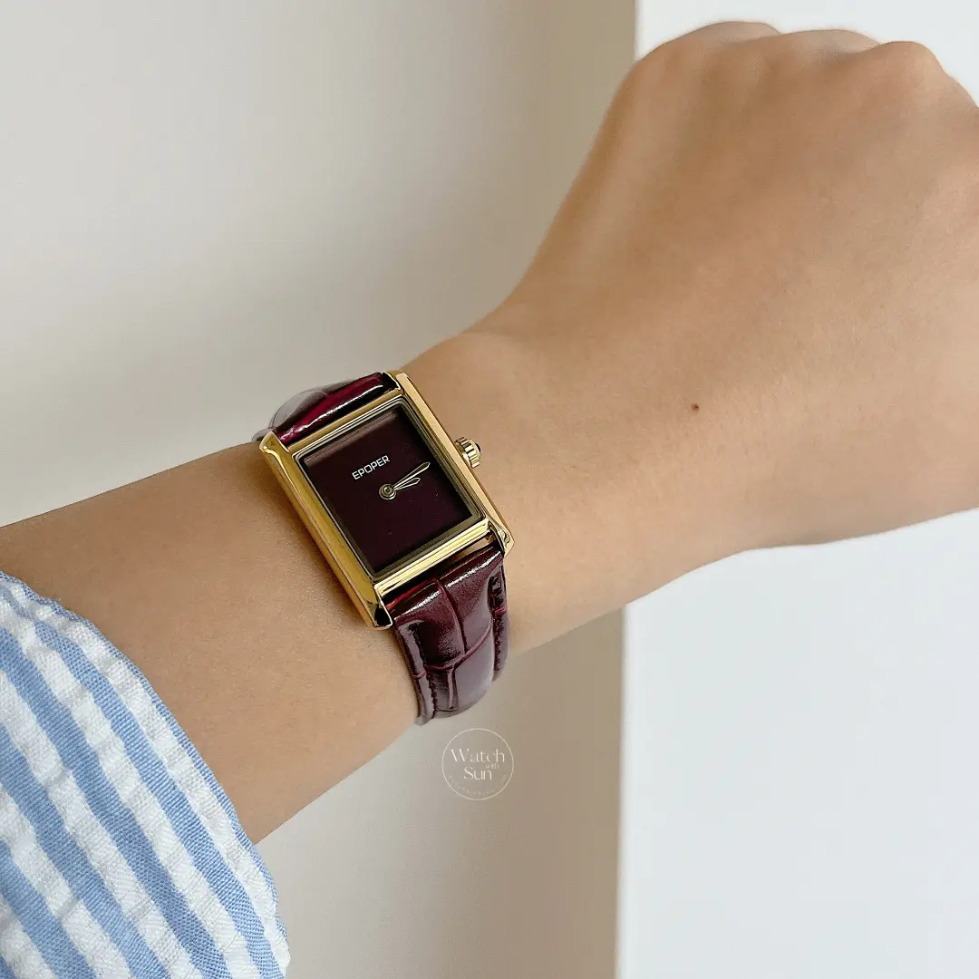 Classic Burgundy Red Leather Square Dial Watch for Women