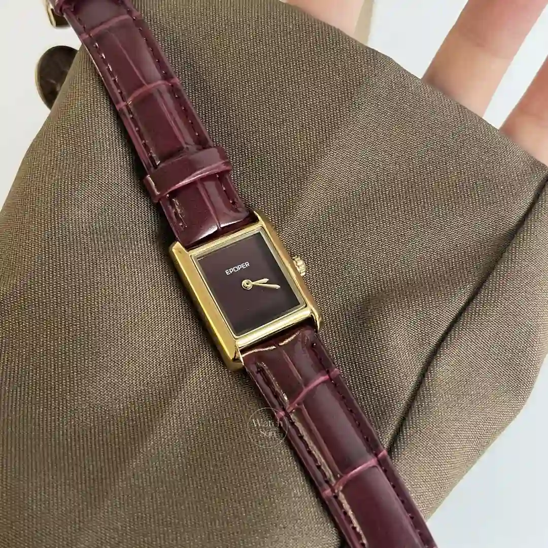 Classic Burgundy Red Leather Square Dial Watch for Women