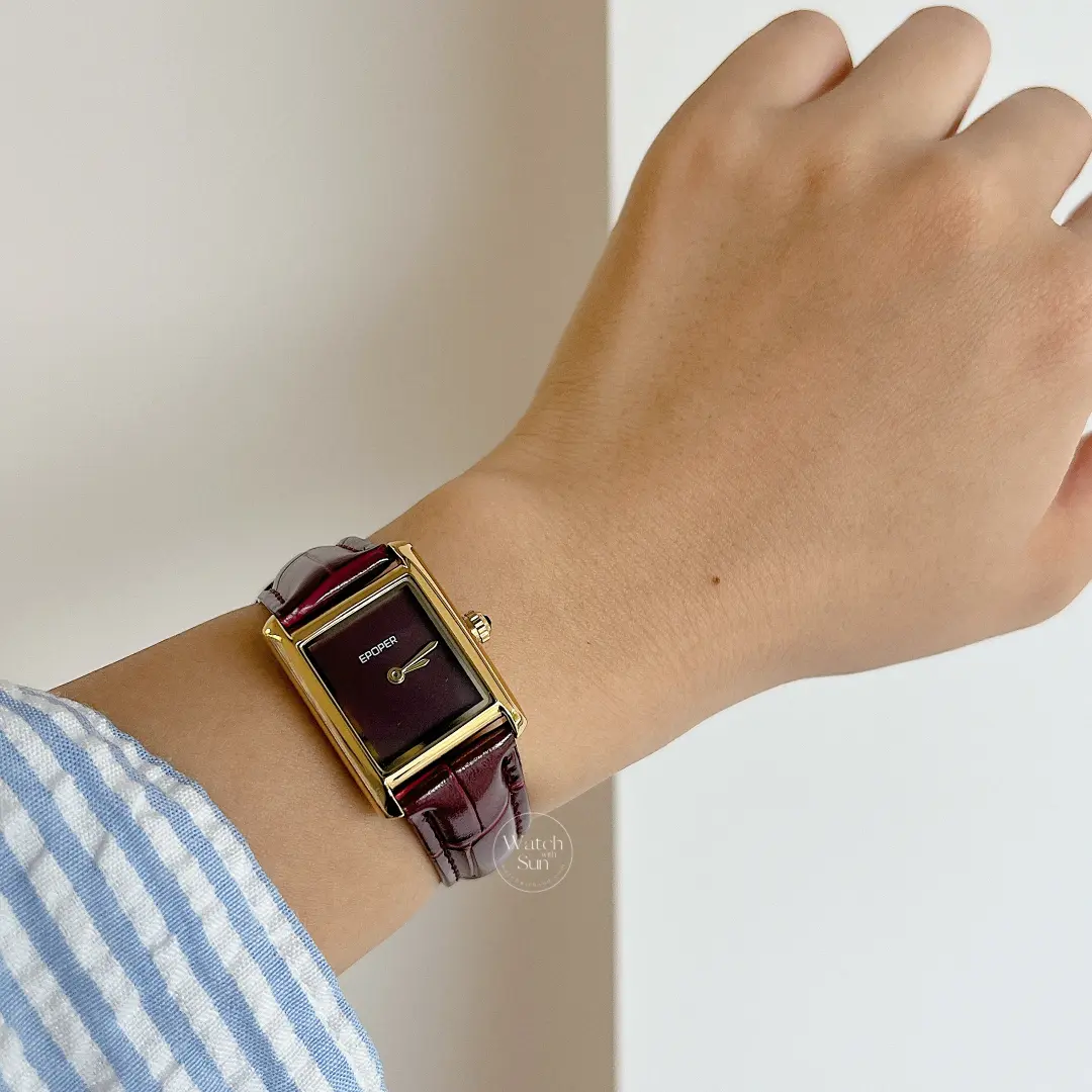 Classic Burgundy Red Leather Square Dial Watch for Women