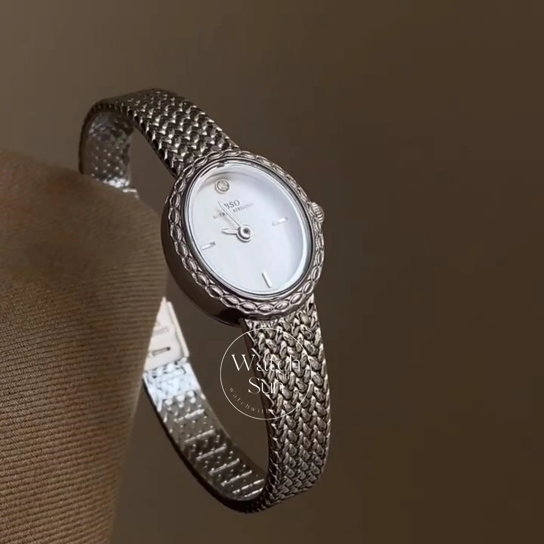 Oval Face Engraved Silver Bracelet Watch for Women