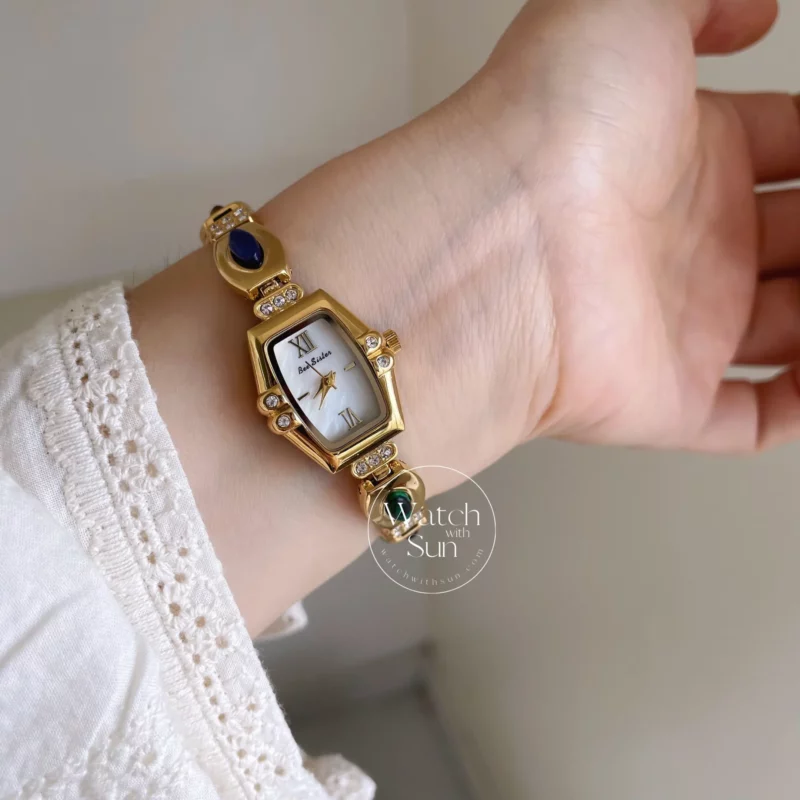 Square Face Gold Natural Stone Watch for Women