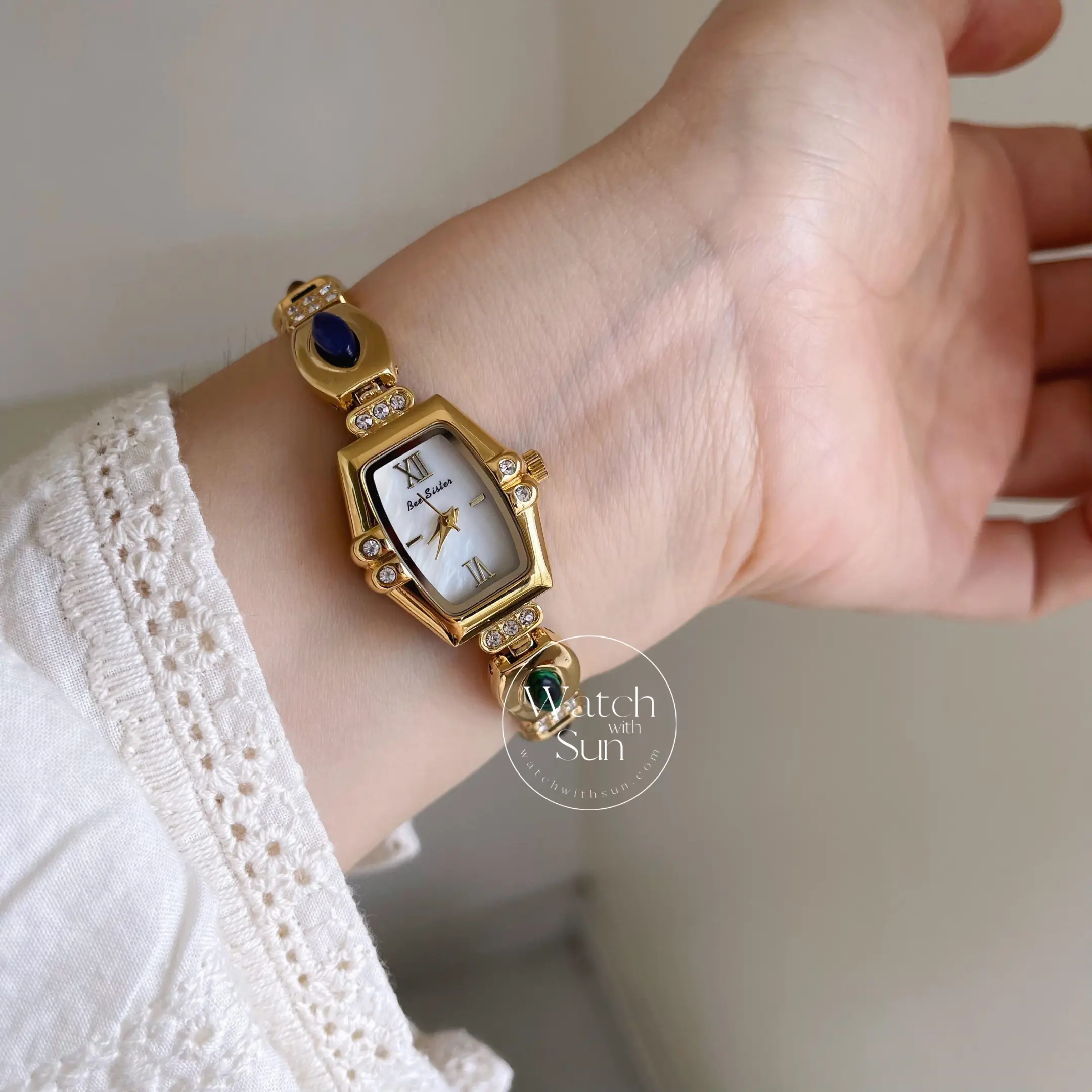 Square Face Gold Natural Stone Watch for Women