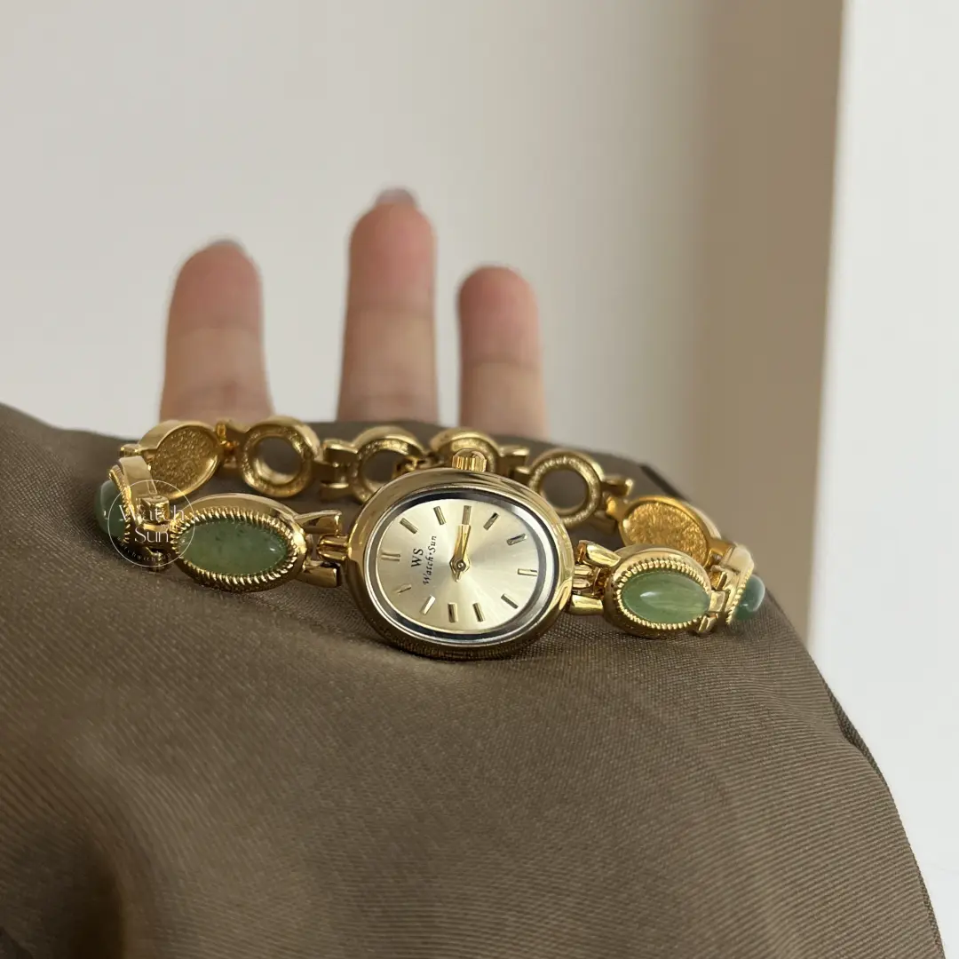 Vintage Style Green Jade Stone Bracelet Watch for Women
