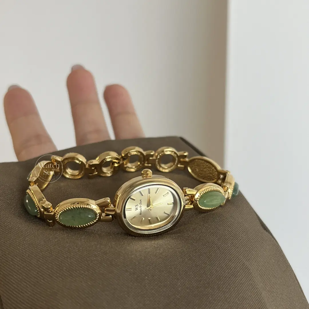 Vintage Style Green Jade Stone Bracelet Watch for Women