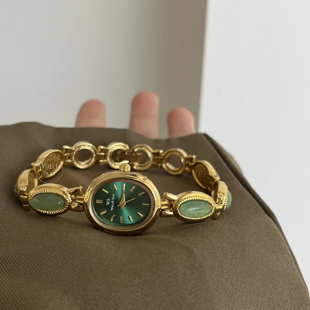 Vintage Style Green Jade Stone Bracelet Watch Green Dial Watch