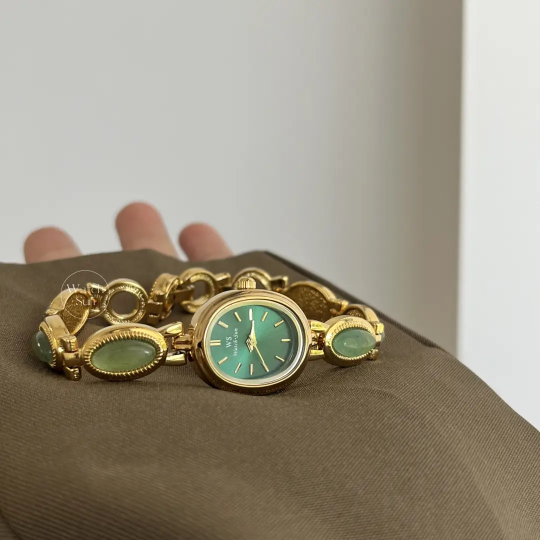 Vintage Style Green Jade Stone Bracelet Watch Green Dial Watch