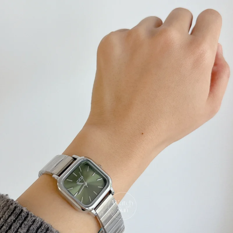 Olive Green Dial Square Face Silver Stainless Steel Laides Watch