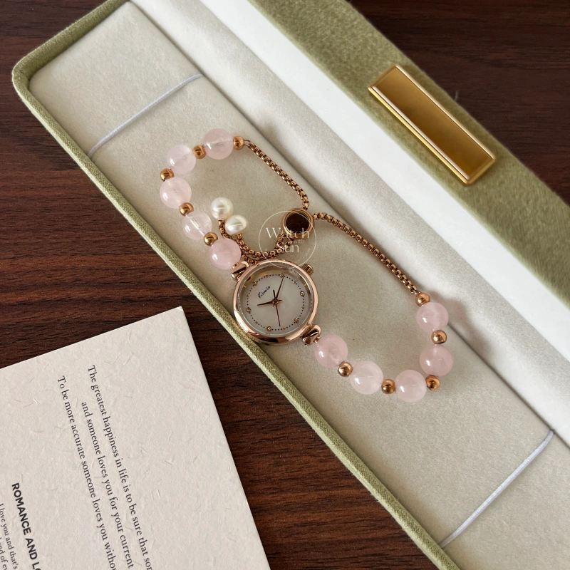 Dainty Rose Quartz Bracelet Ladies Watch Mother of Pearl Dial Pink Bracelet Watch