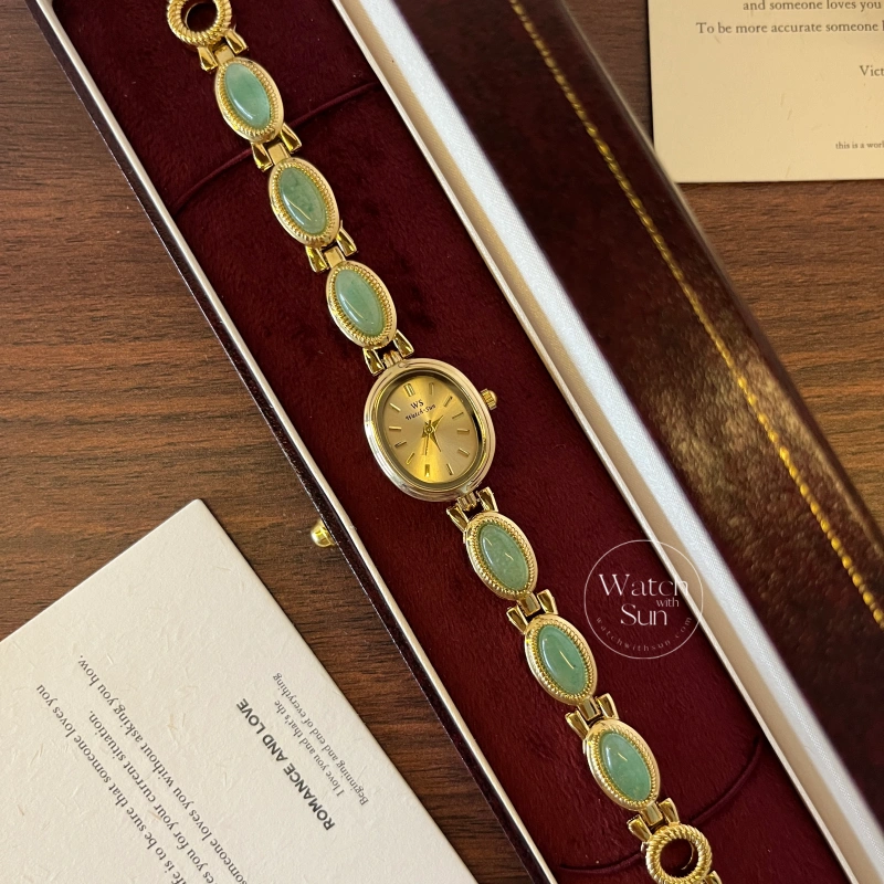 N639-8 Vintage Style Green Jade Stone Bracelet Watch Green Dial Watch